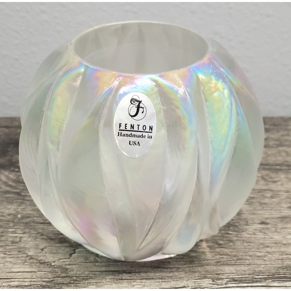 Fenton Art Glass White‎ Pearl Iridescent Round Votive Candle Holder RARE